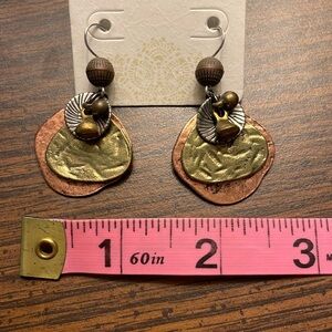 Beautiful hook earrings with mixed metal copper, brass, and silver. New.